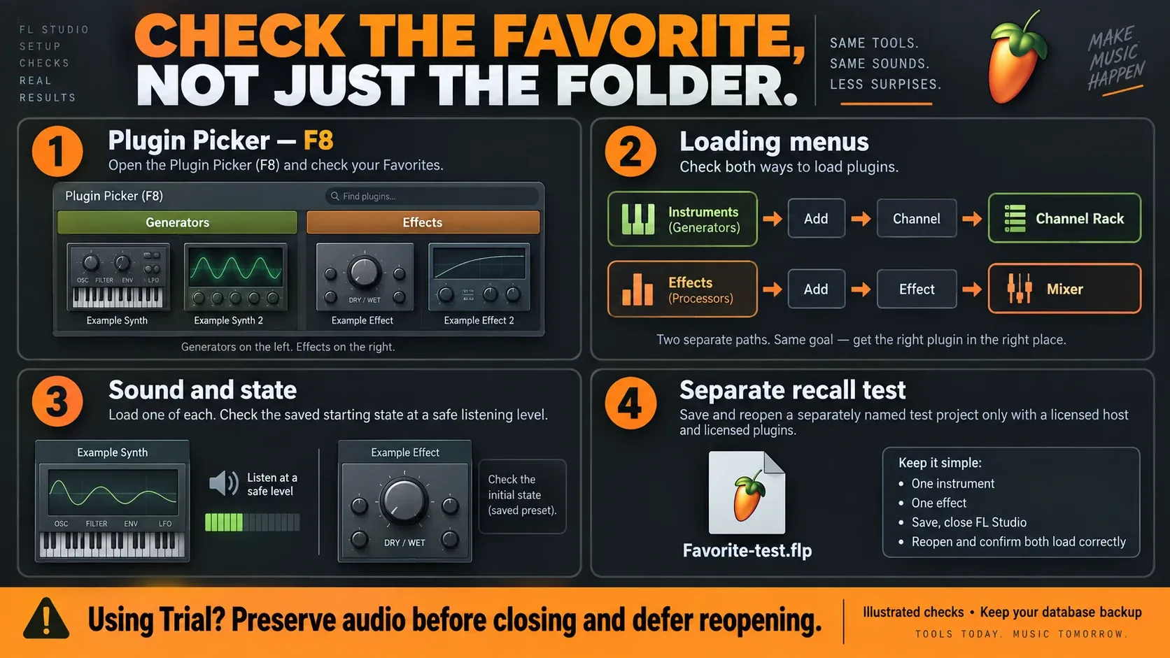 FL Studio favorite checks for the Picker loading menus sound and licensed project reopening