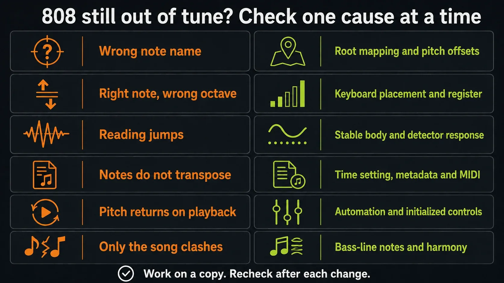 Six 808 tuning symptoms matched to checks for root, register, detector, MIDI, automation and harmony