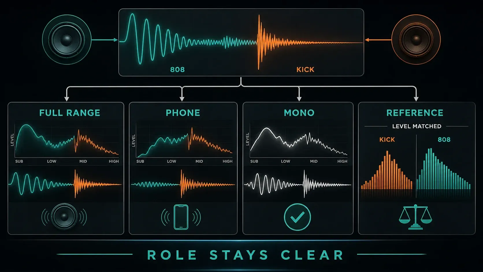 808 listening checks on full-range speakers, a phone, mono playback and a matched reference