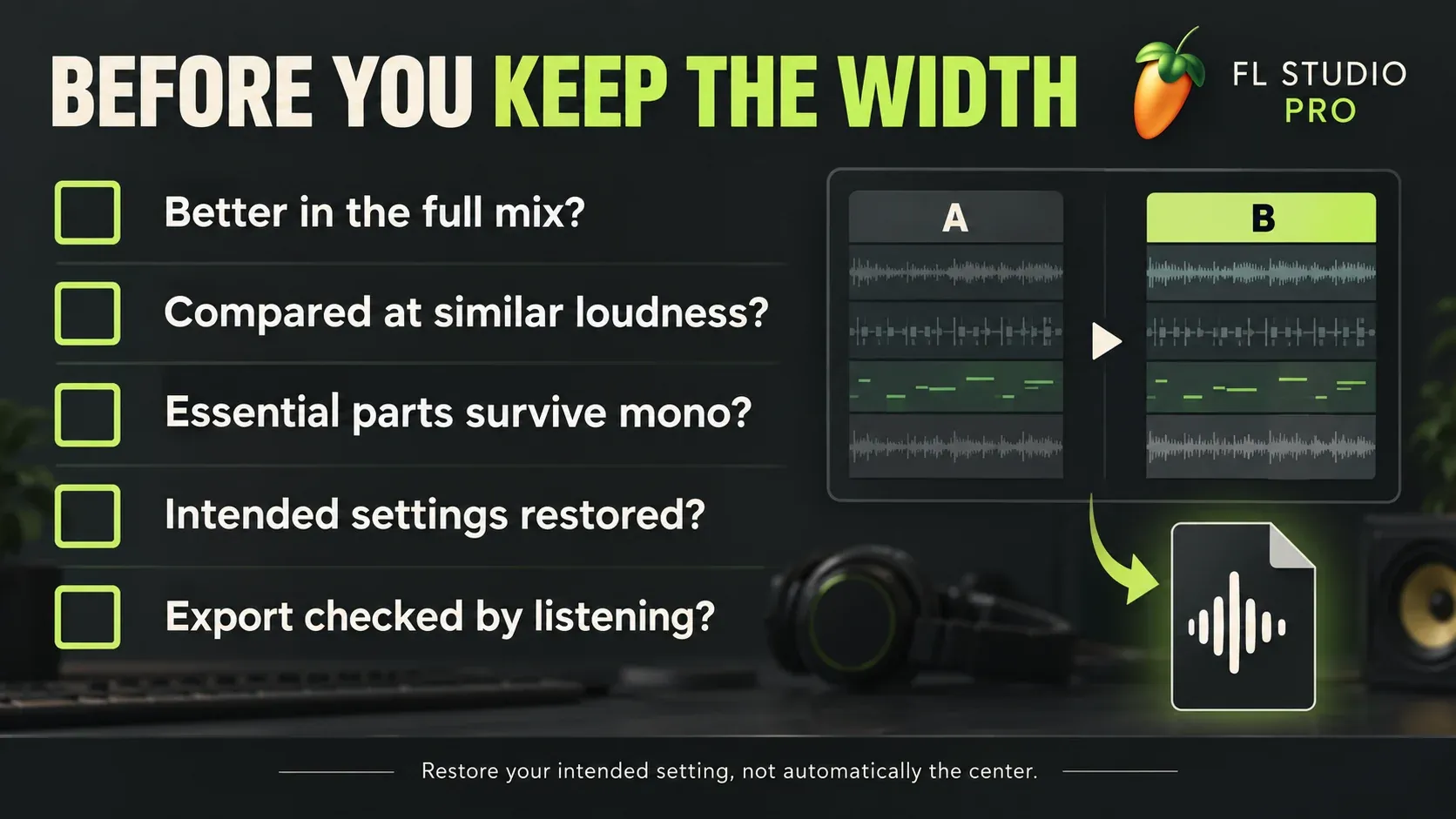 Listening checks for width, loudness comparison, mono survival, restored settings and the exported file