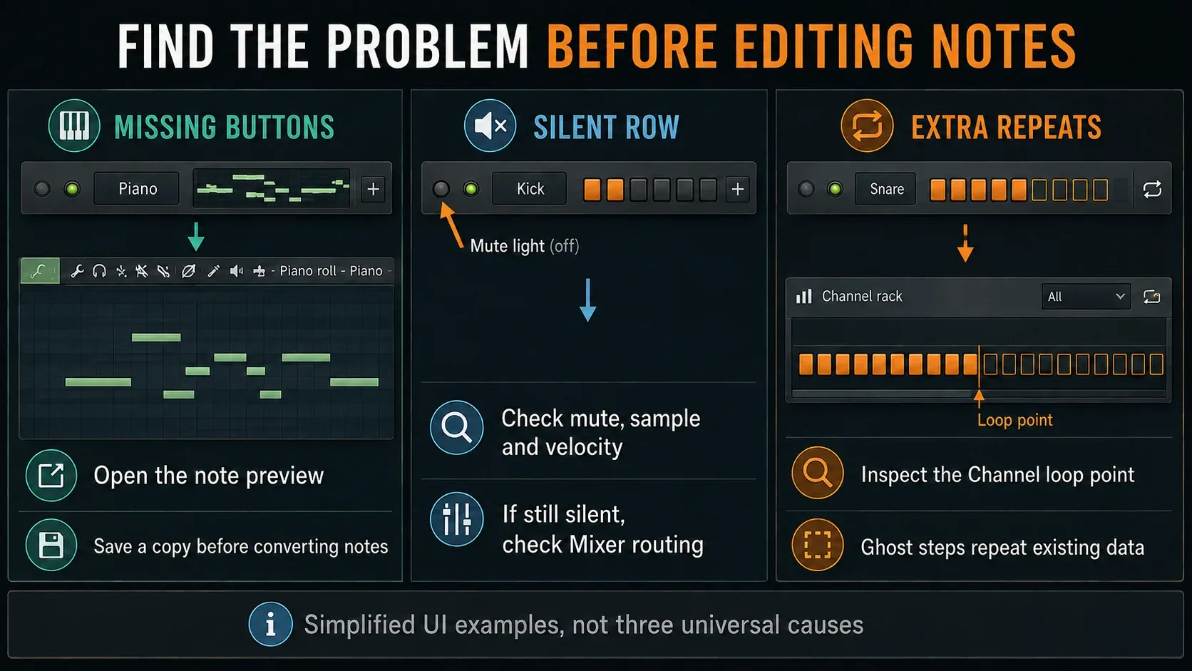 Step Sequencer checks for missing buttons, a silent Channel row and ghost-step repetitions