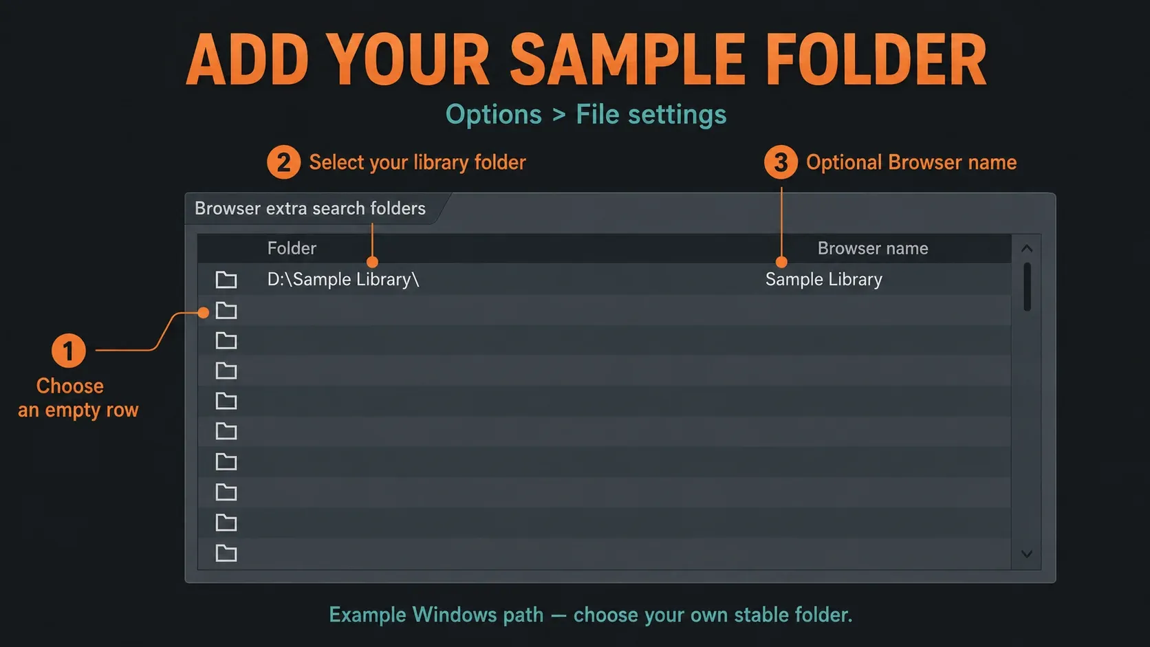 Browser extra search folders with an empty row, example folder path and optional Browser name