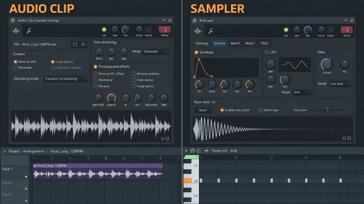 FL Studio Audio Clip controls compared with Sampler Channel controls