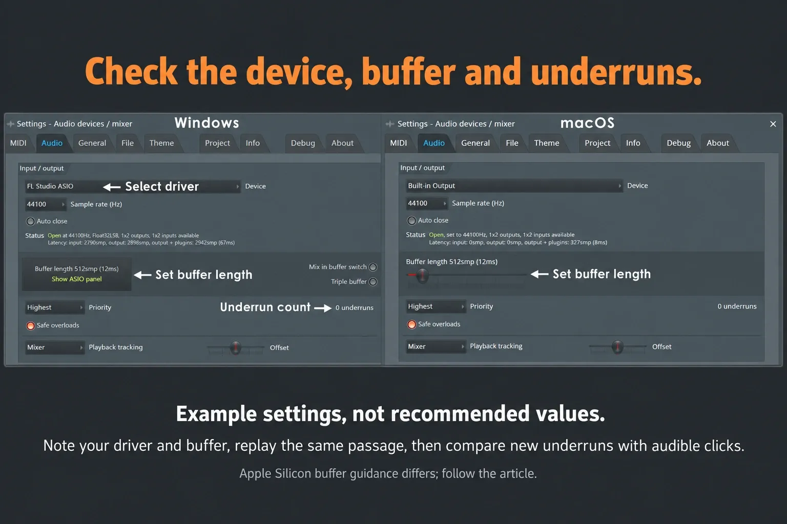 FL Studio Audio Settings device, buffer and underrun controls on Windows and macOS