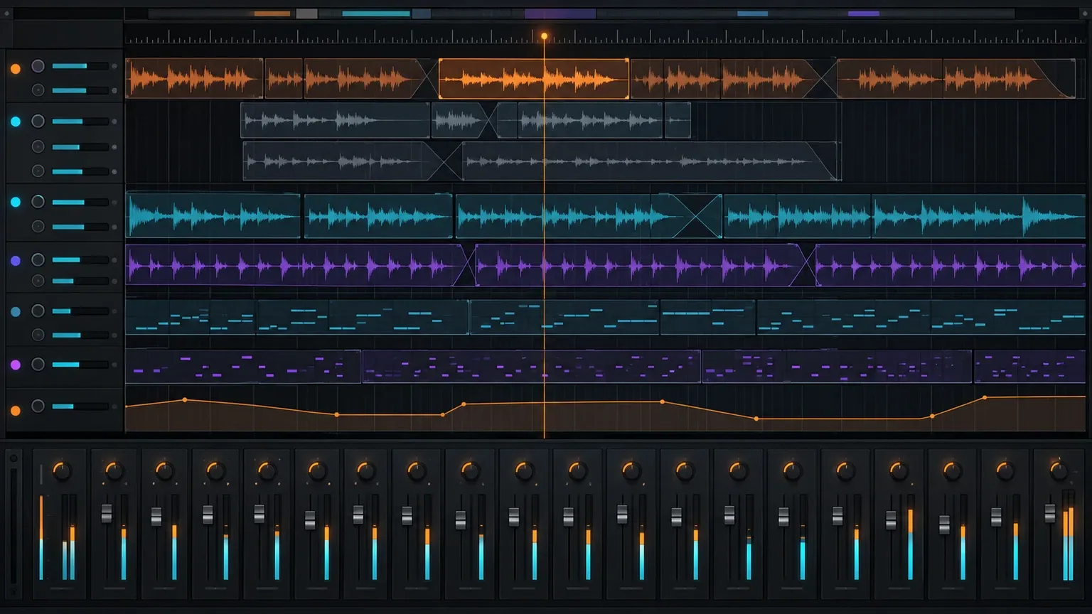 Linear Mac recording workflow with tracks waveform takes comping edits and mixer routing