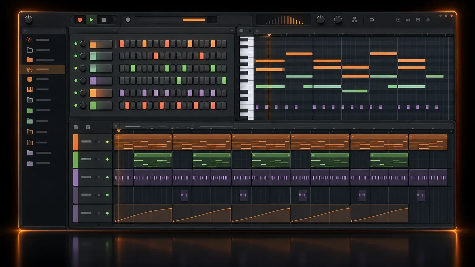 Pattern based Mac music workflow with drum steps Piano Roll notes and Playlist arrangement