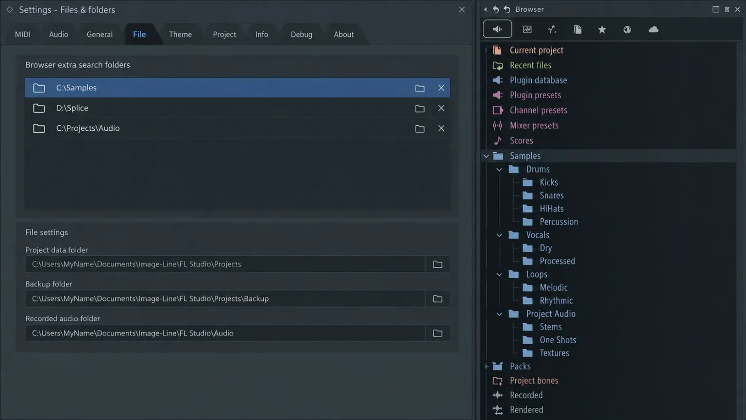 FL Studio Browser and File Settings configured with a stable Samples folder