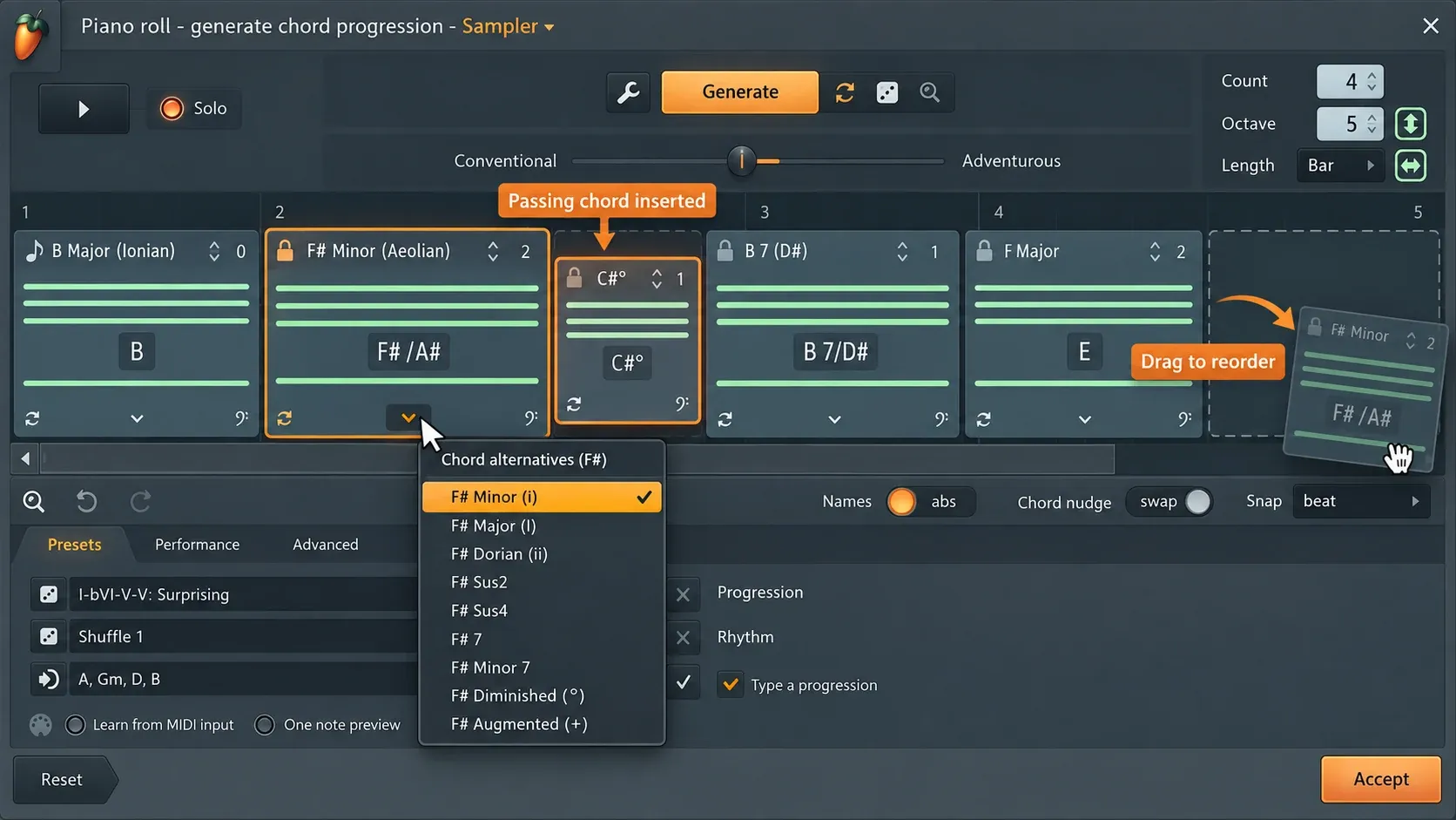 Chord timeline showing an alternatives menu, a short passing chord and chord blocks being reordered