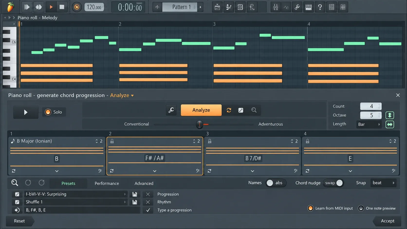 Existing Piano Roll melody above an analyzed four-chord progression with sustained melody notes aligned to compatible chords
