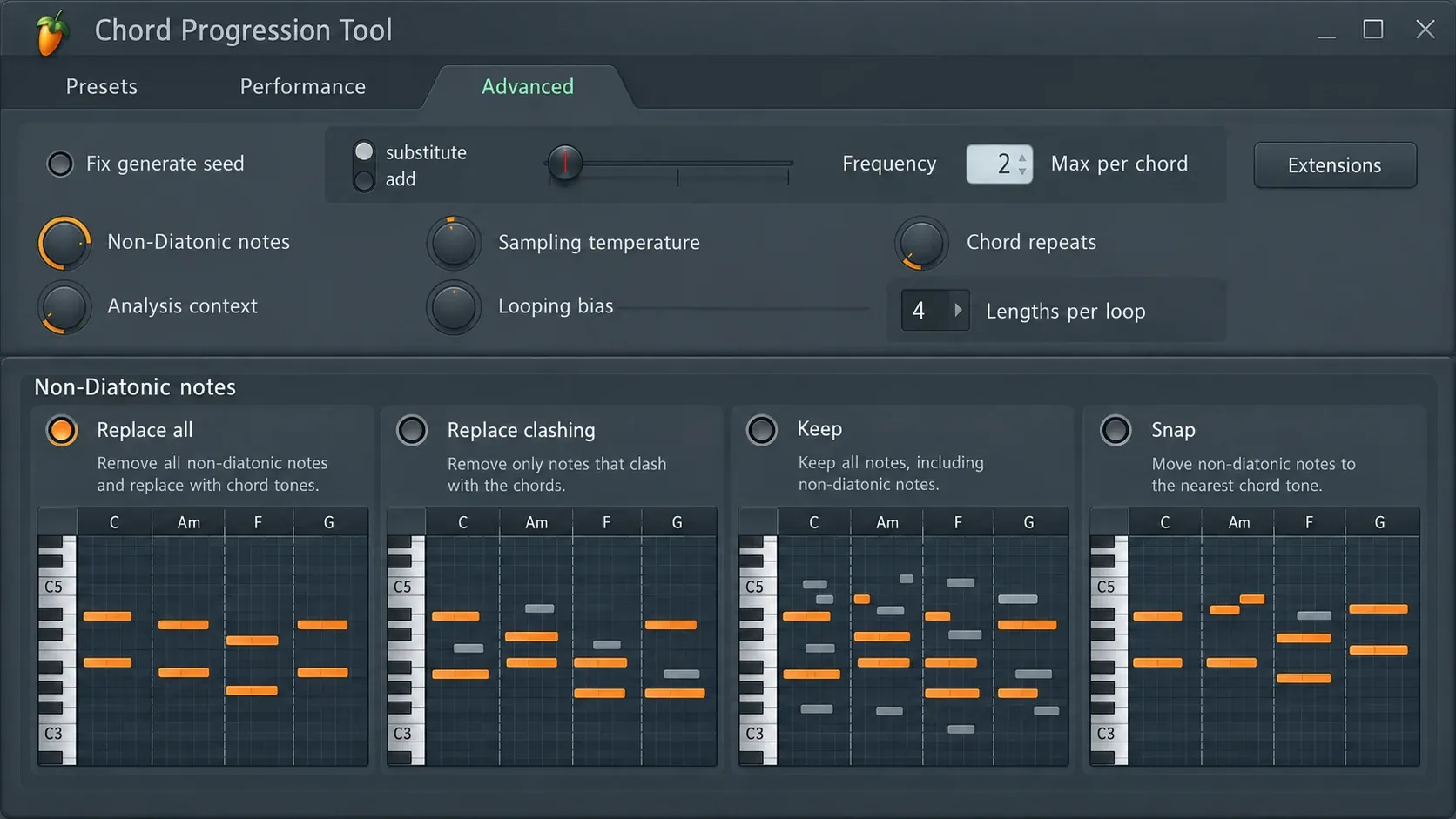 Non chord notes options comparing Replace all, Replace clashing, Keep and Snap against the same melody
