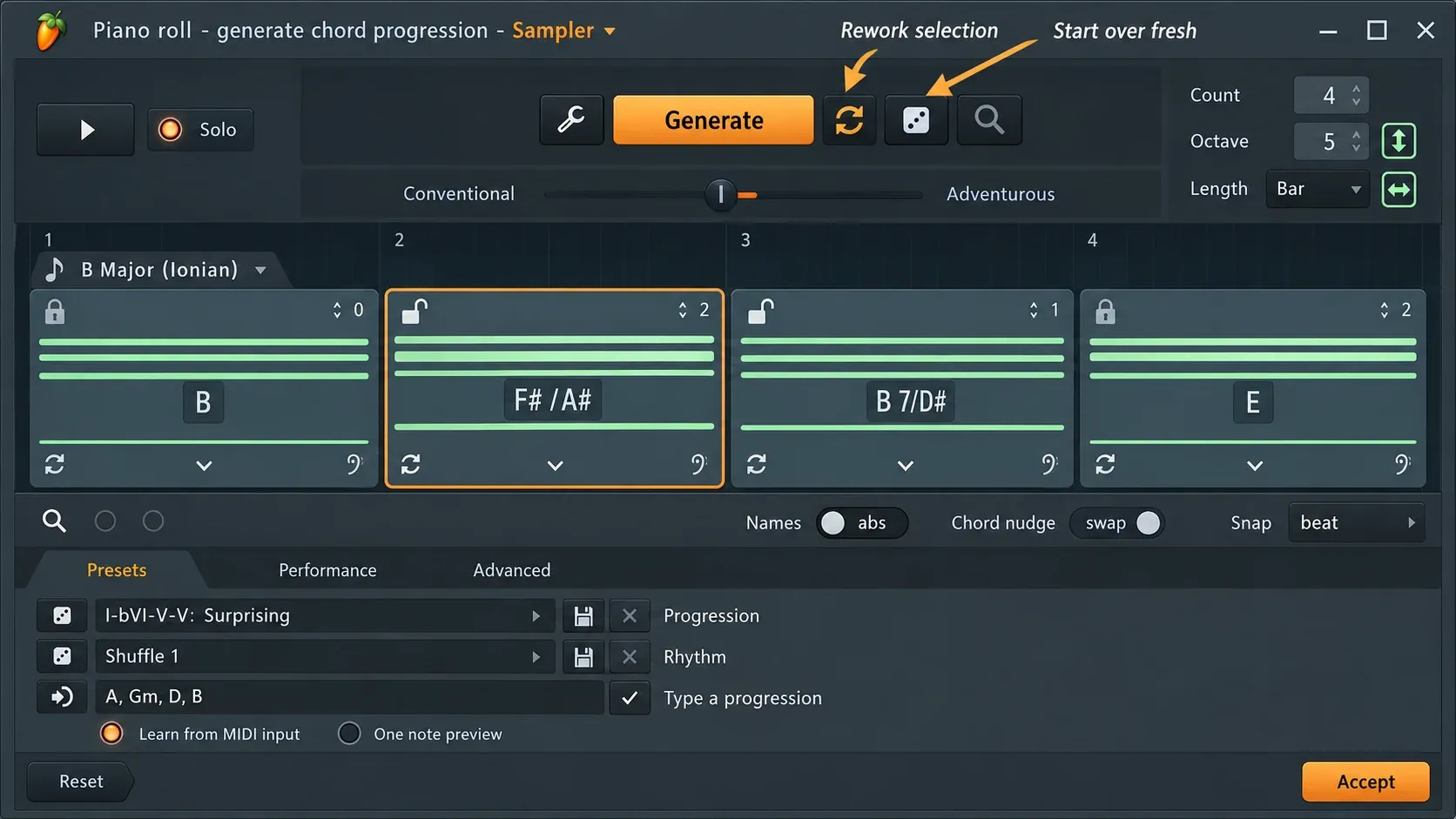 Chord Progression Tool controls for Generate, Rework and Start over with two useful chord blocks locked