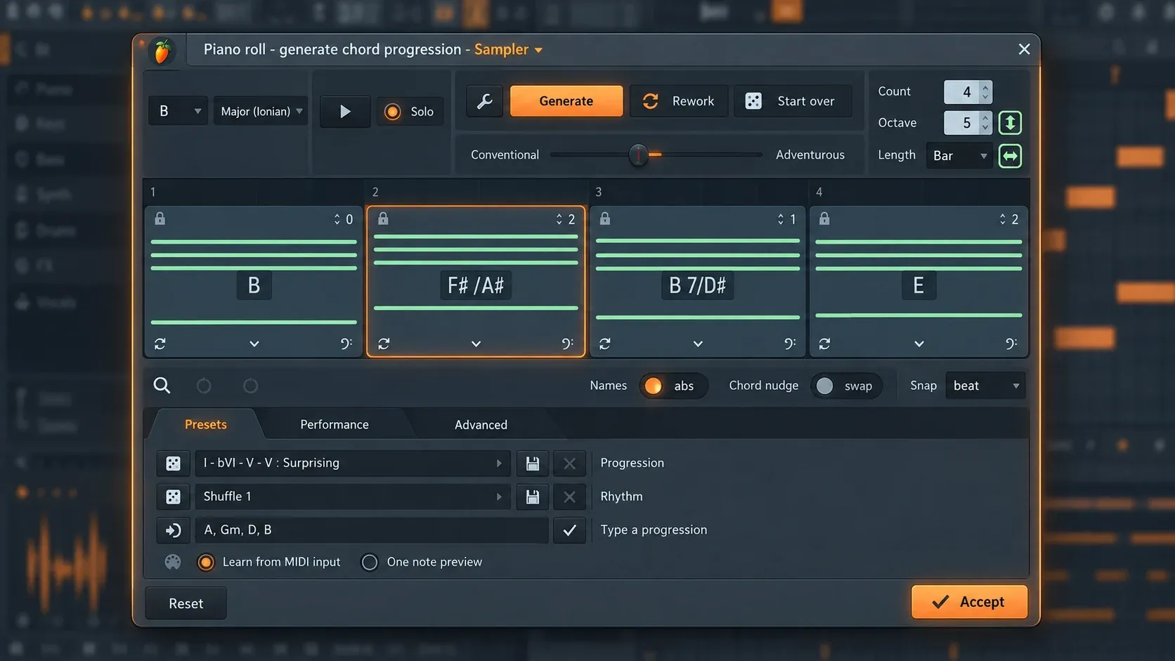 FL Studio Chord Progression Tool with Scale and Root selectors, chord timeline, Performance panel and Accept button