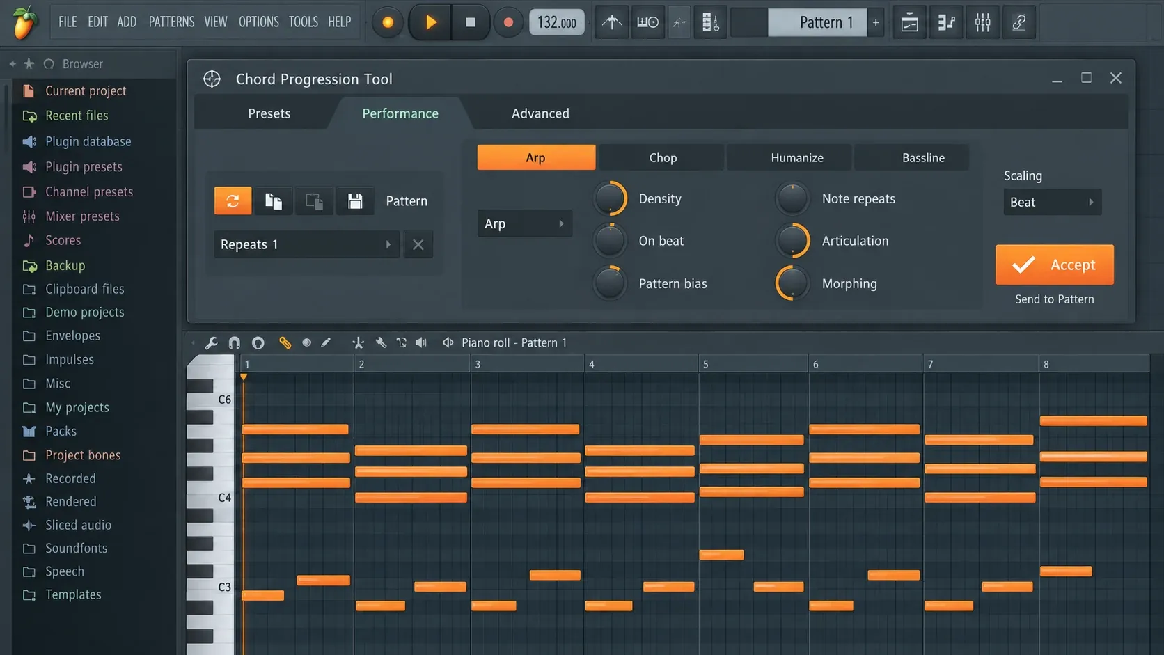 Performance panel beside an accepted chord progression in the Piano Roll with grouped chord notes and a separate bass line