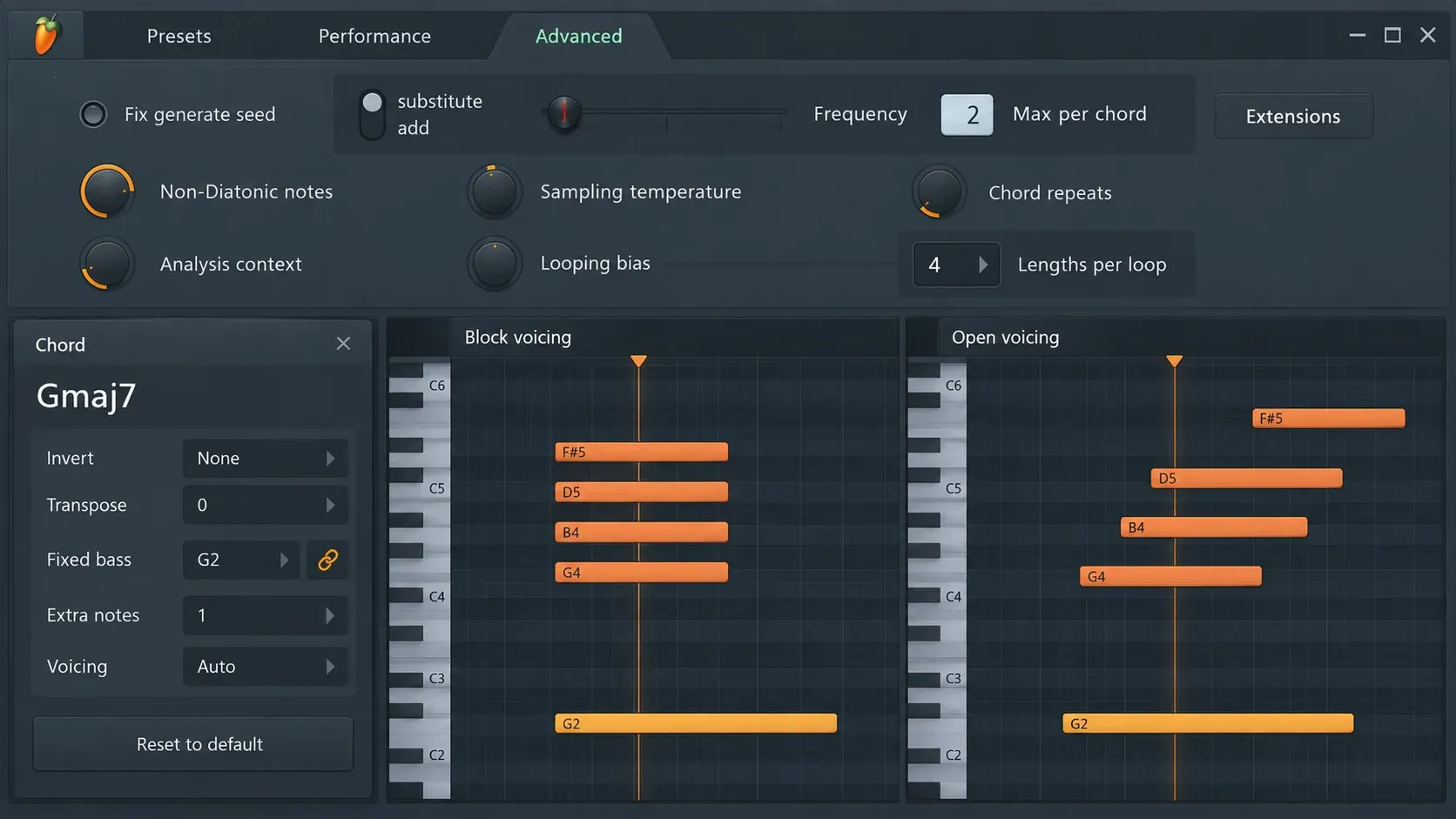 Chord editor comparing inversion, Block and Open voicing, a fixed bass note and added chord extensions