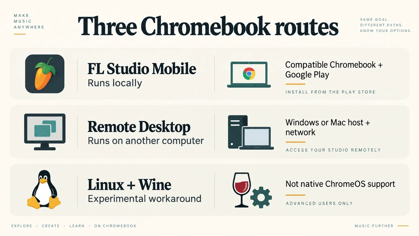 Three FL Studio routes on Chromebook: local Mobile, a remote host, and experimental Linux with Wine