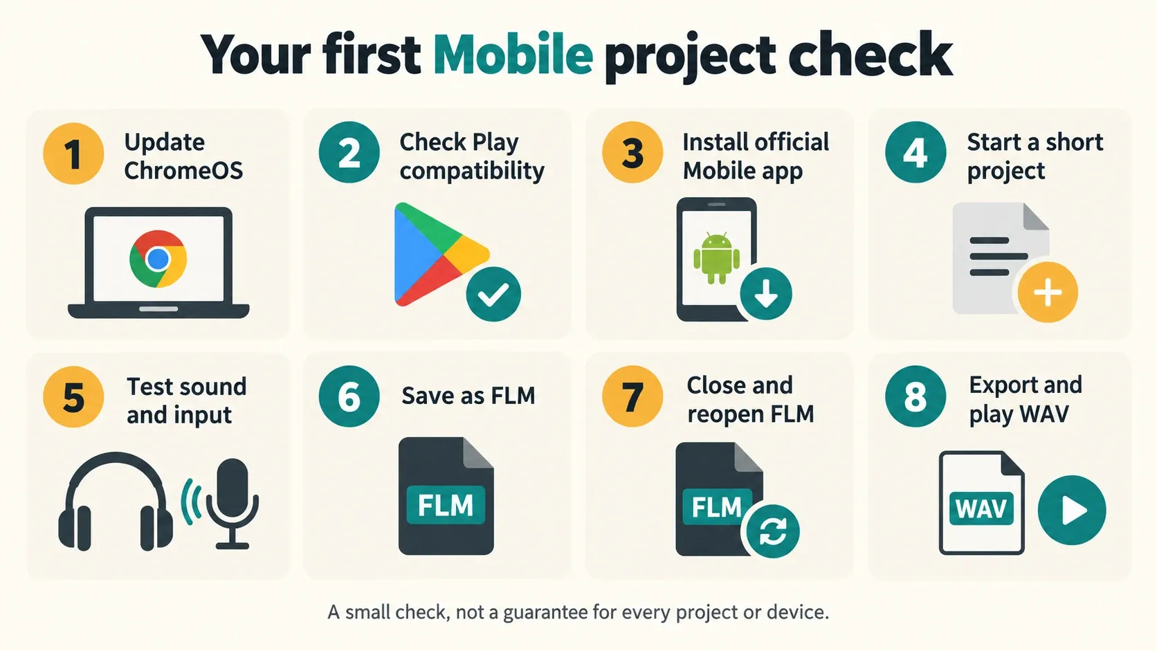 Eight steps from Chromebook compatibility checks to saving an FLM project and playing a WAV export