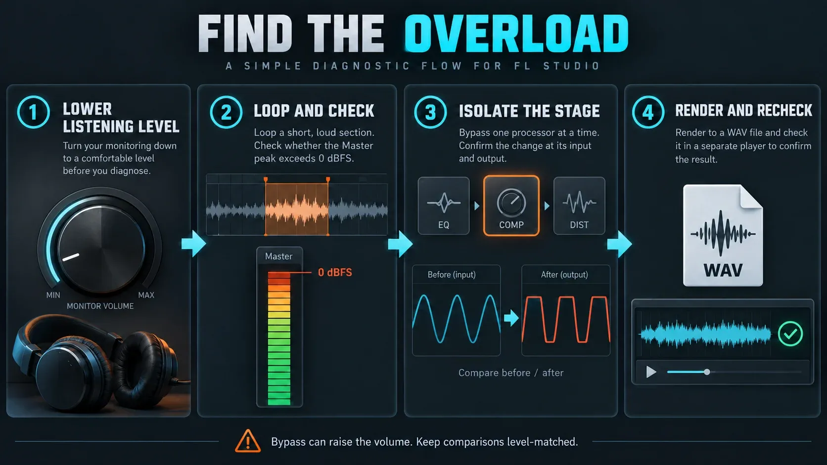 Four clipping checks: lower listening level, loop the loud section, isolate the stage and test a WAV