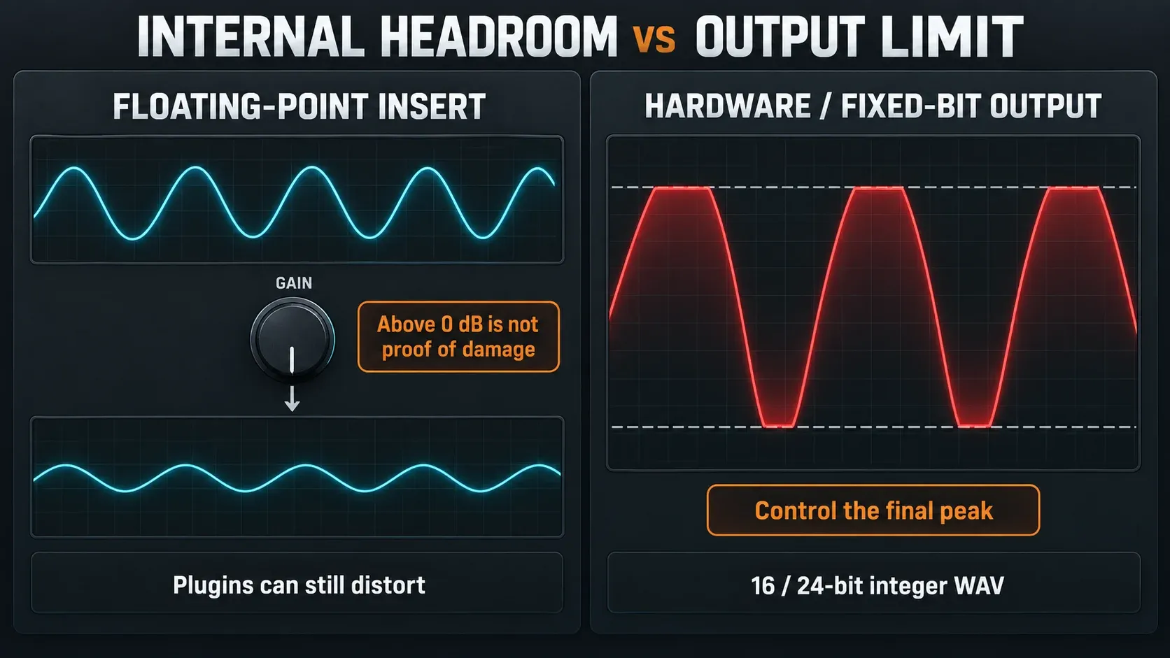 Floating-point Insert headroom compared with clipping at a hardware or fixed-bit output