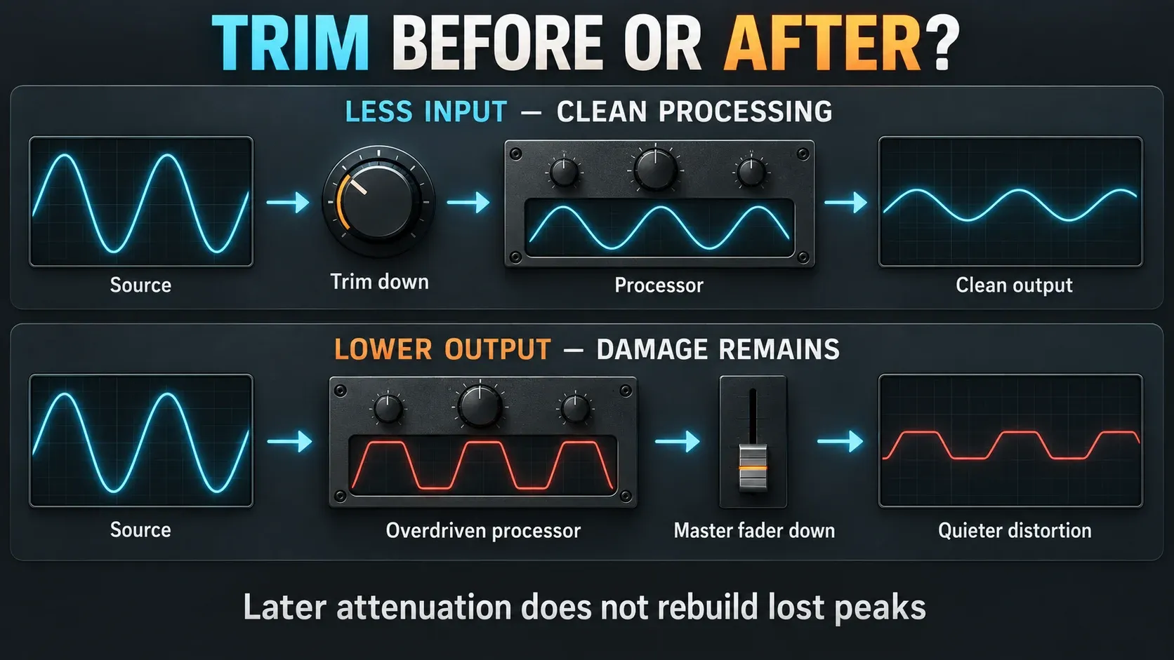 Input trim preserves smooth peaks while a later Master fader only reduces flattened peaks
