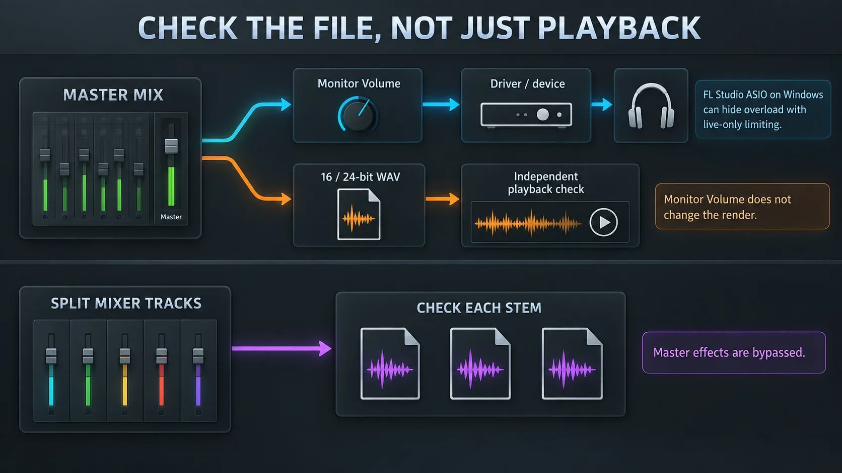 Master monitoring and WAV export take separate paths; split Mixer tracks need individual checks