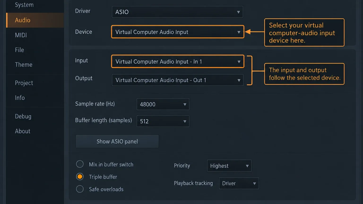 FL Studio Audio Settings showing an audio driver path for a virtual computer-audio input