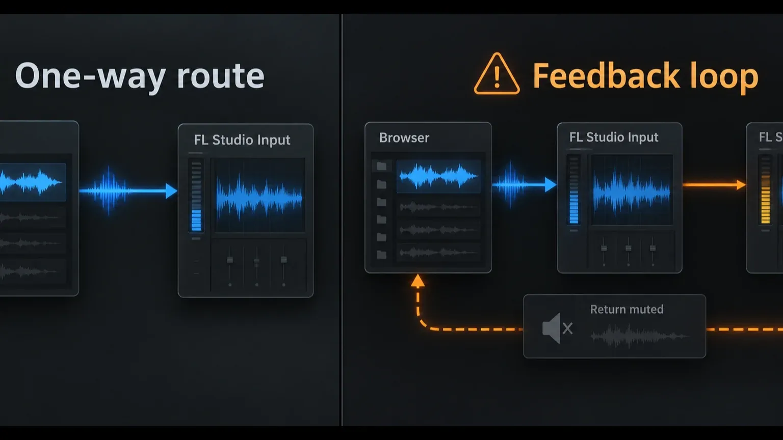 One-way computer-audio route in FL Studio with the return path muted to prevent feedback