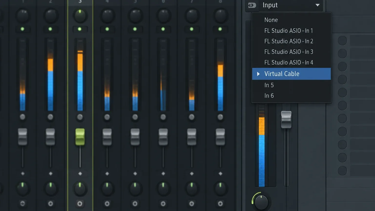 FL Studio Mixer Insert input menu with a virtual cable selected for computer audio recording