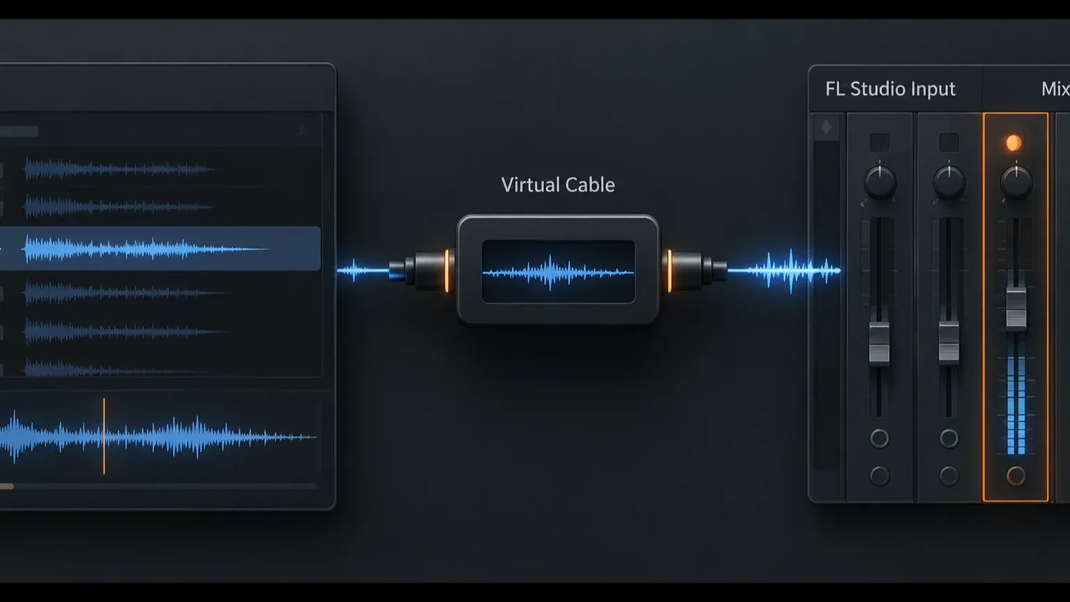 Computer audio routed from a browser through a virtual cable into an FL Studio Mixer Insert
