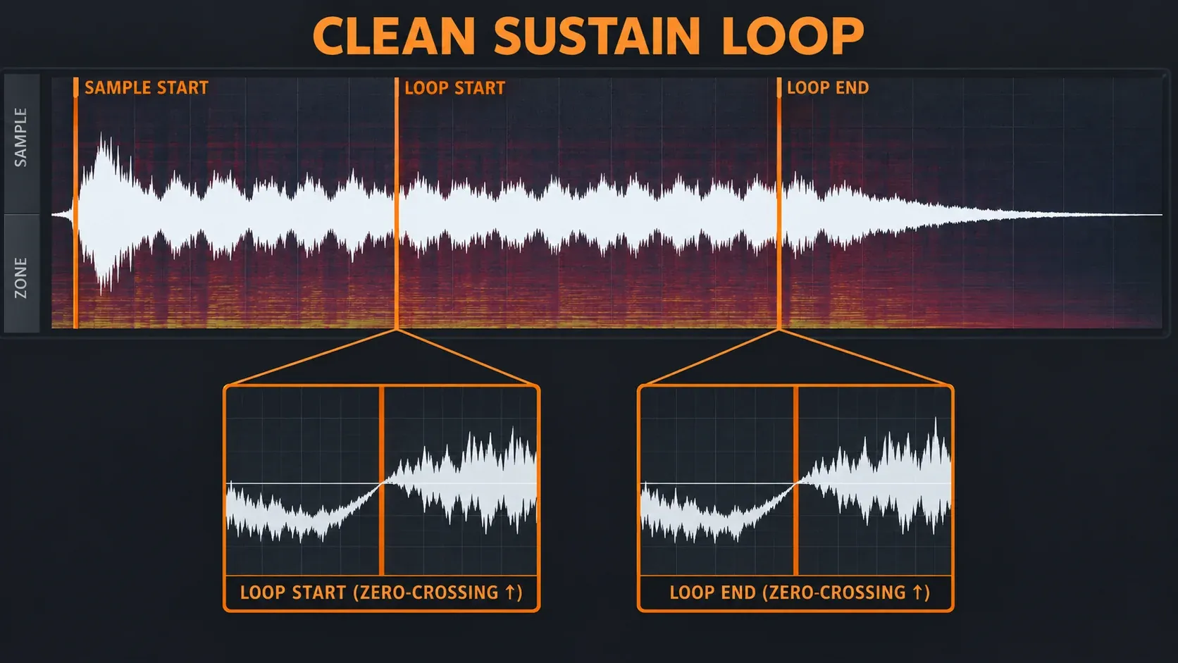DirectWave sample editor showing sample start, Loop A, Loop B and matching zero-crossing directions for a smooth sustain loop