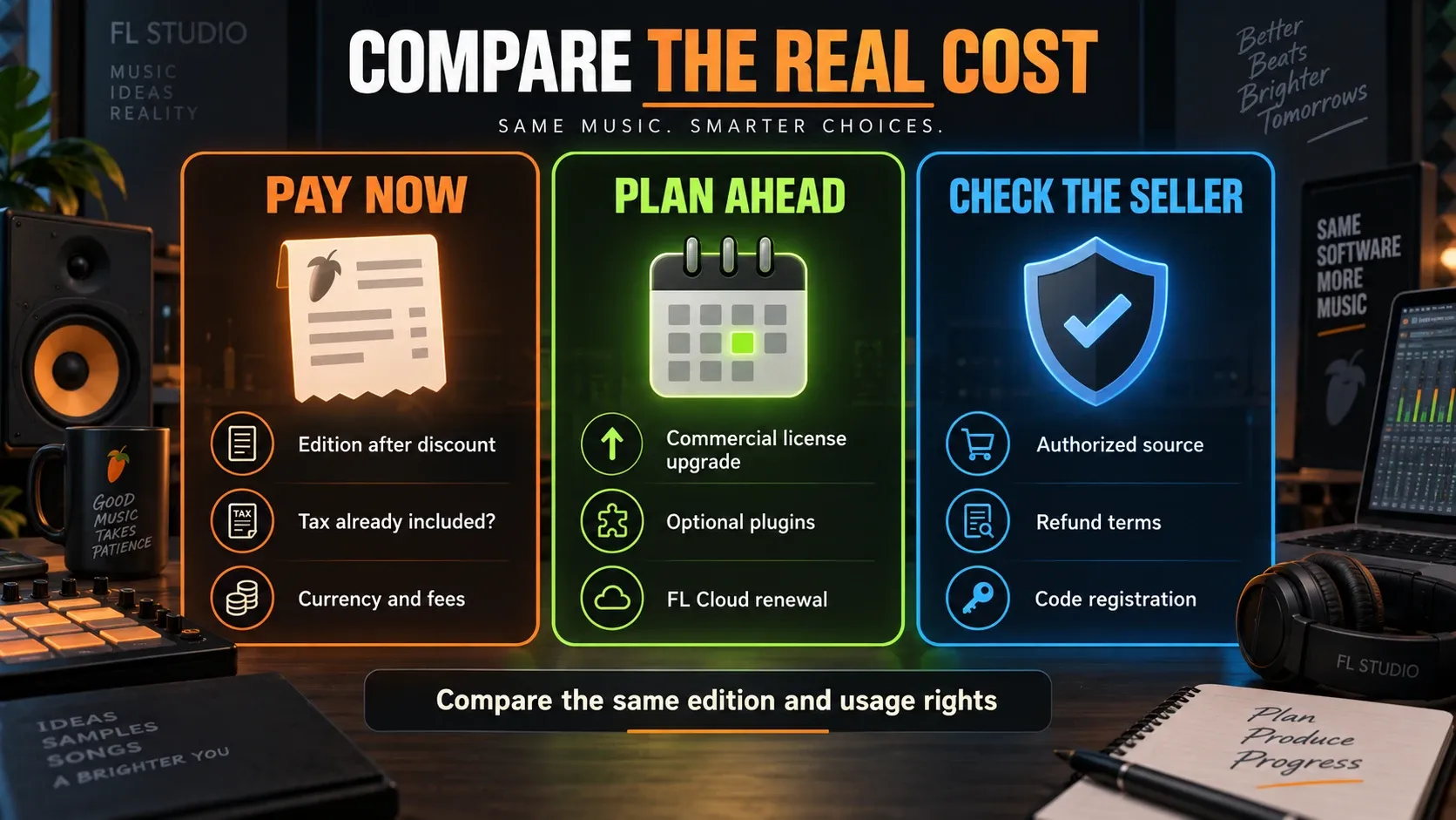 FL Studio costs divided into today’s payment, later expenses and seller checks