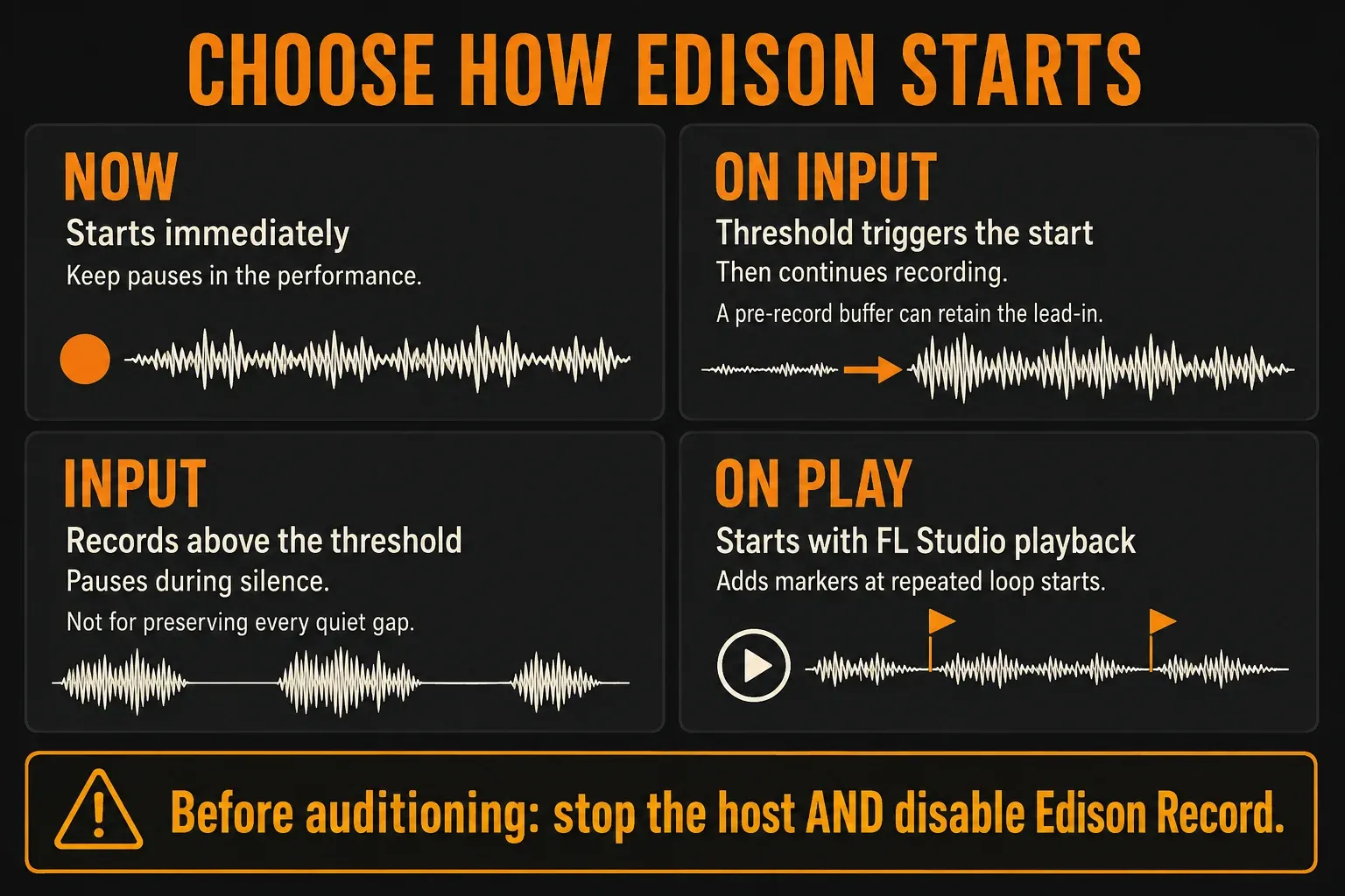 Edison recording modes compared by immediate start, input trigger, silence pause and host playback