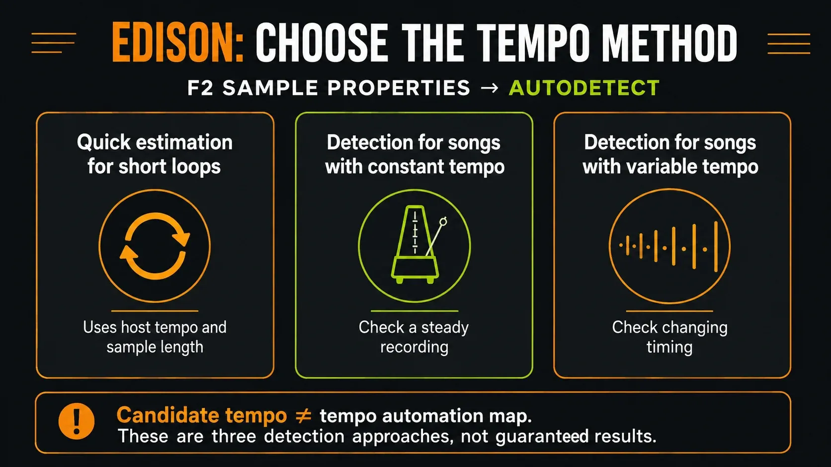 Edison Autodetect choices for short loops, constant tempo and variable tempo
