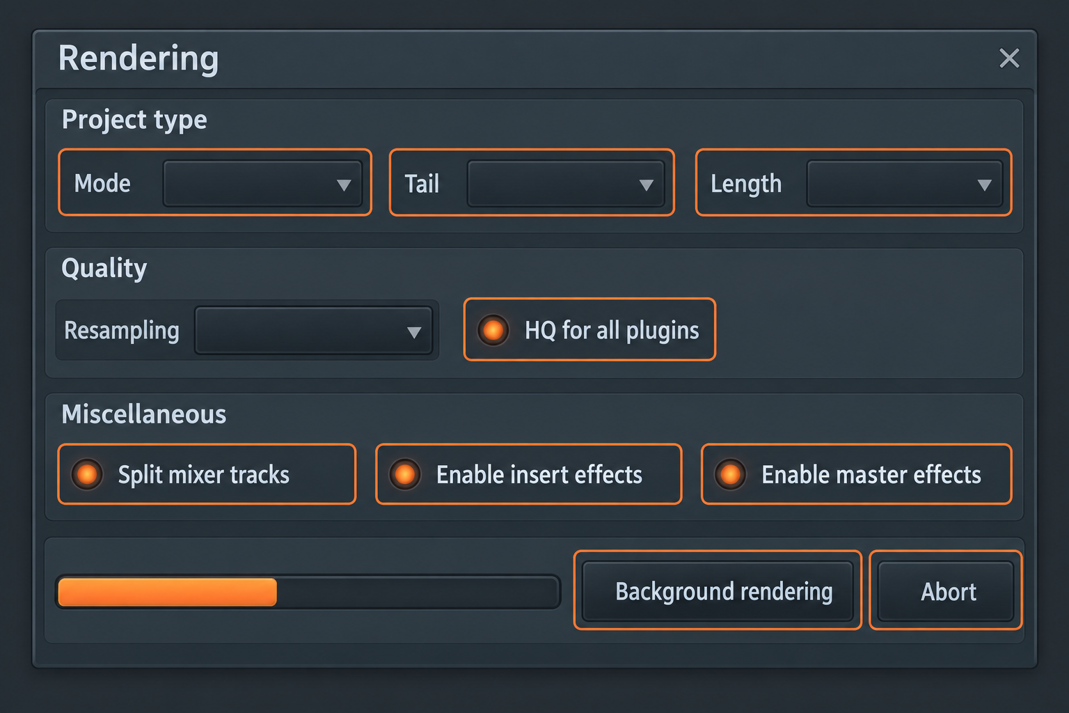 Educational reconstruction of the FL Studio Rendering dialog showing Mode, Tail, Length, Quality, Split mixer tracks, effects, Background rendering and Abort