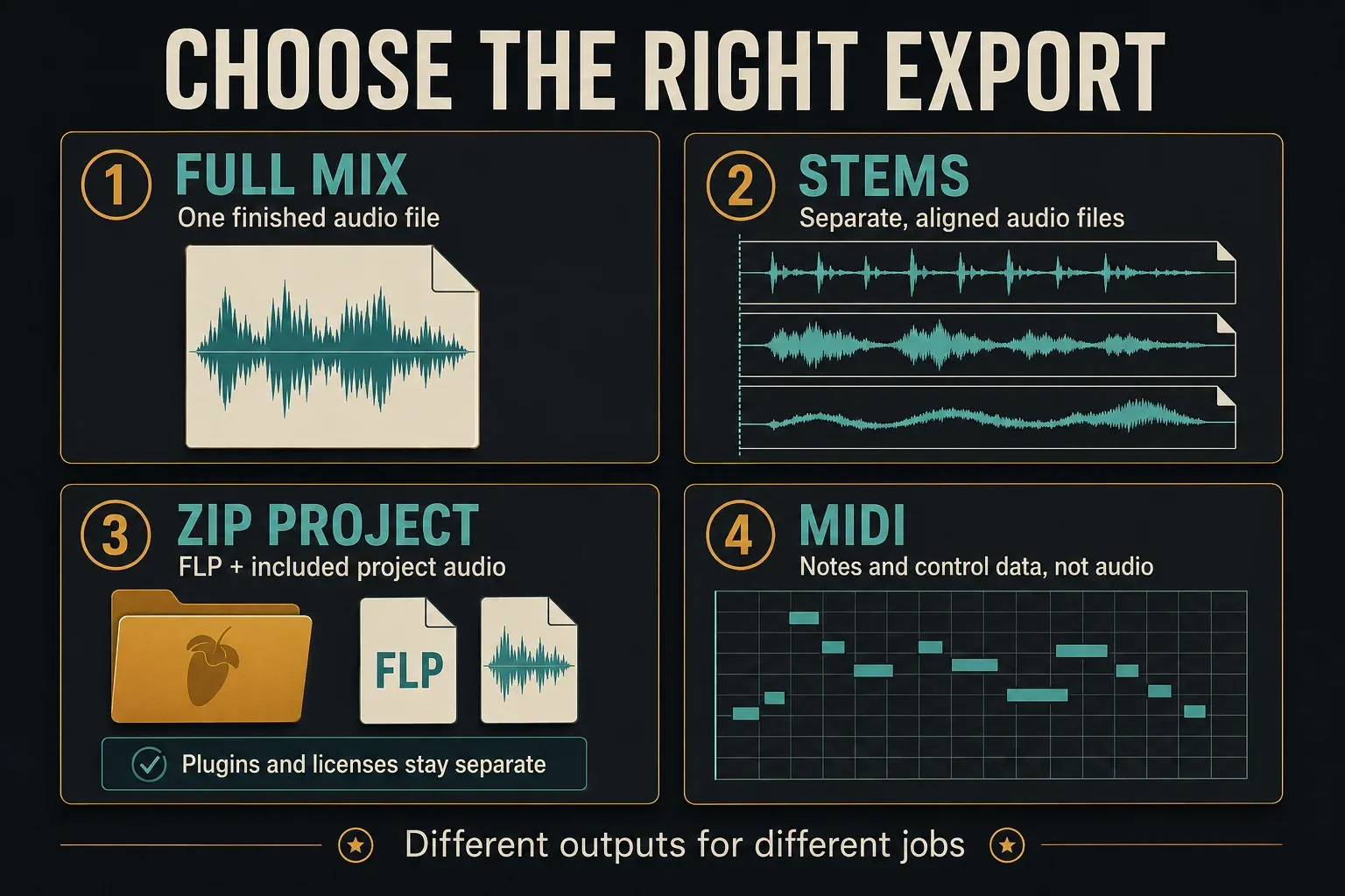 Full mix, stems, ZIP project and MIDI as four separate FL Studio deliverables