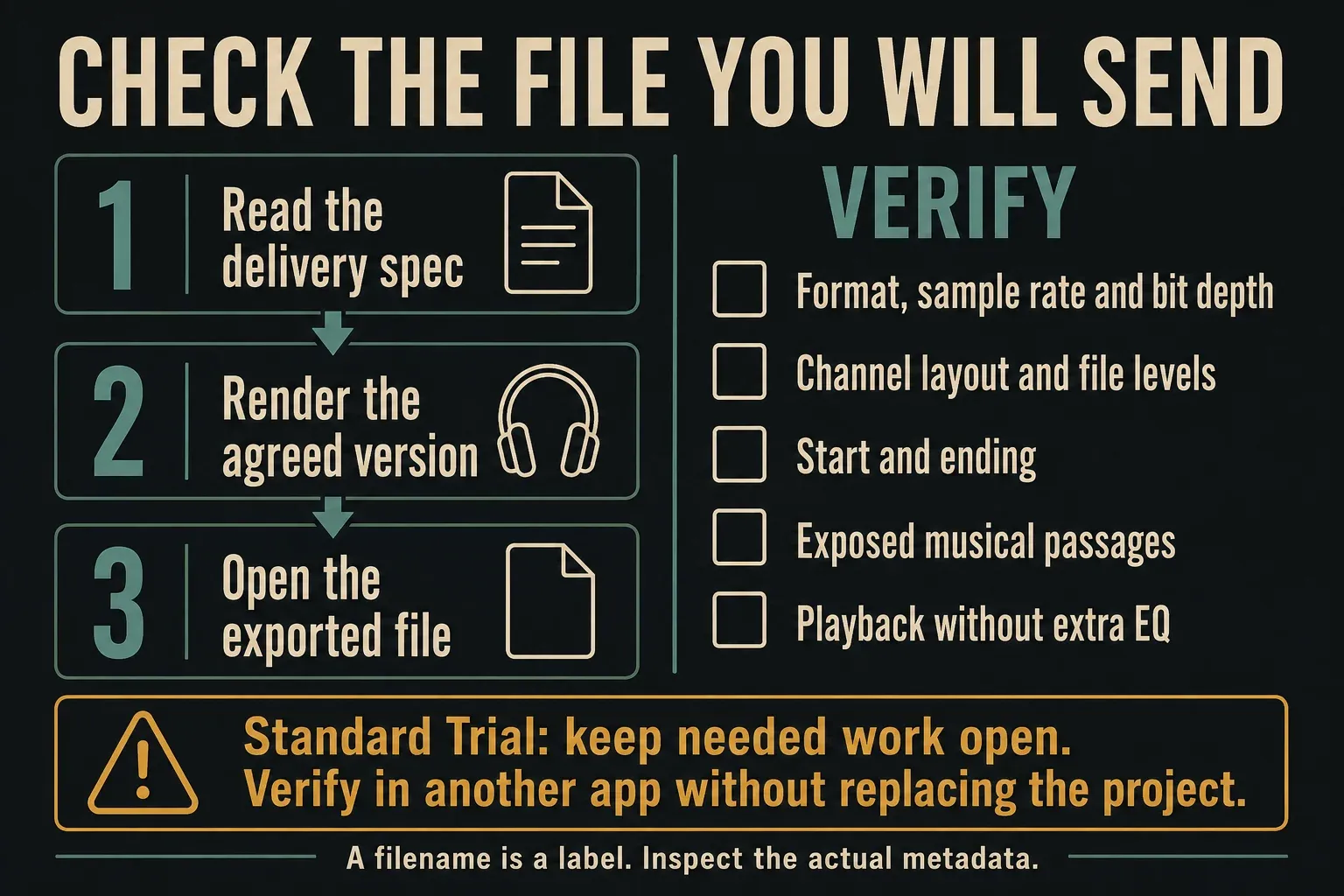 Delivery specification and actual-file checks with a reminder to preserve needed Trial work