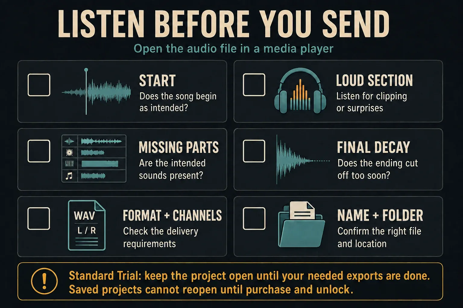 Six unchecked song-export checks for start, loud section, missing parts, final decay, format and file location