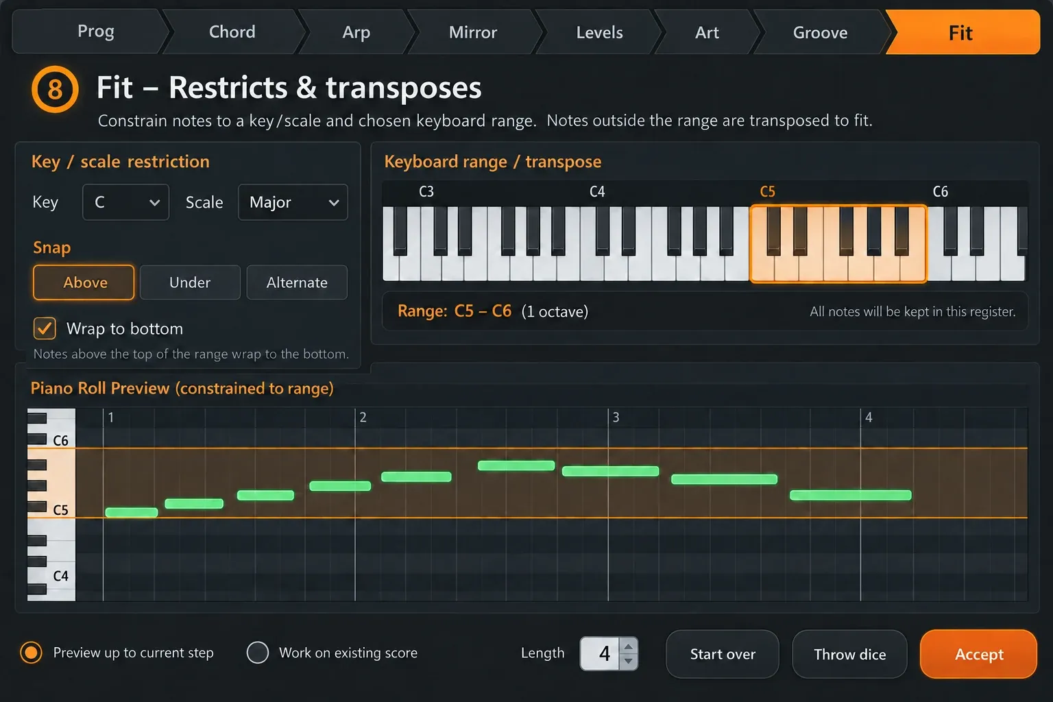 Riff Machine Fit stage with key scale snap direction and keyboard range controls