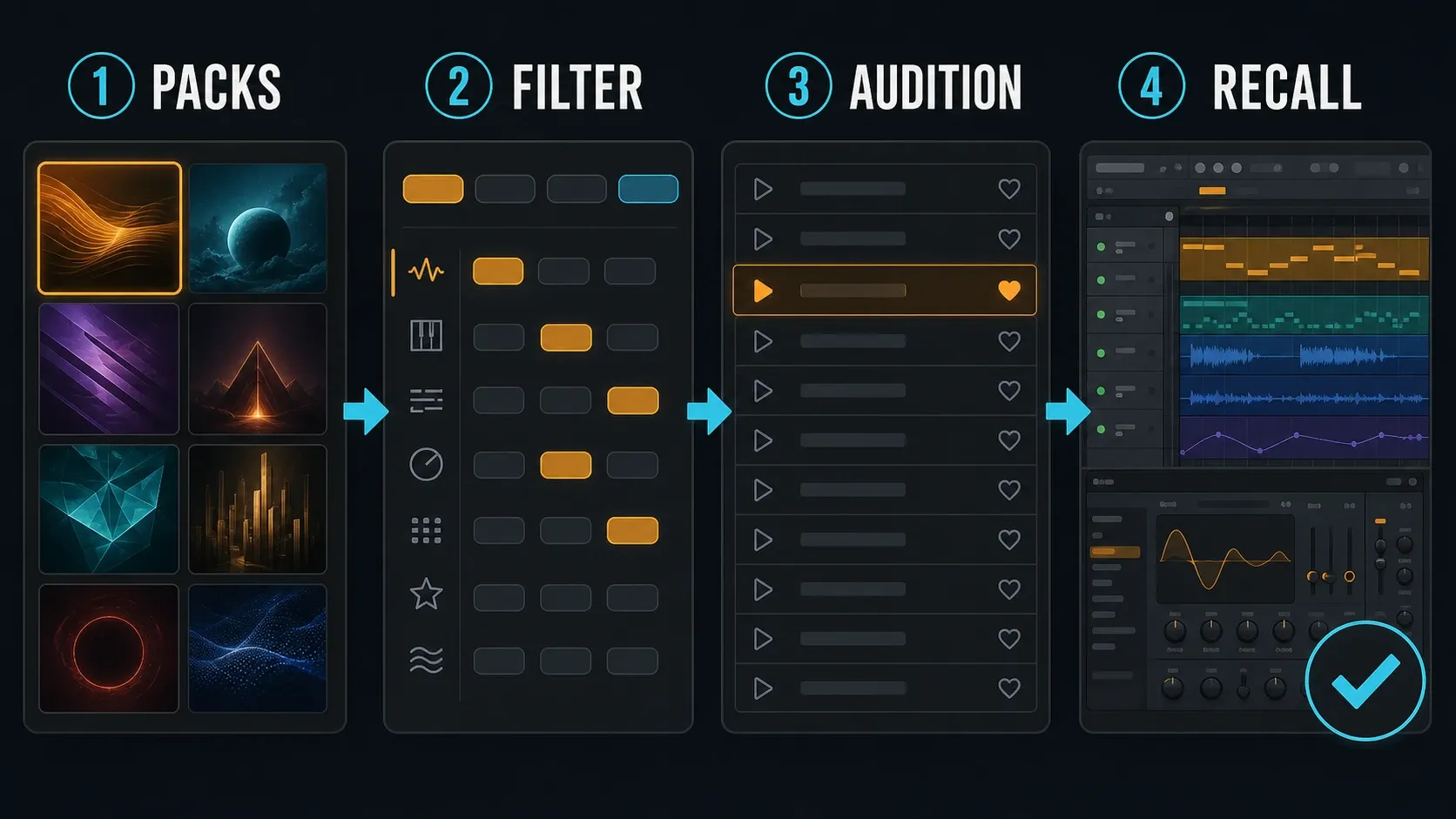 FLEX pack selection, filtering and auditioning followed by a project recall check