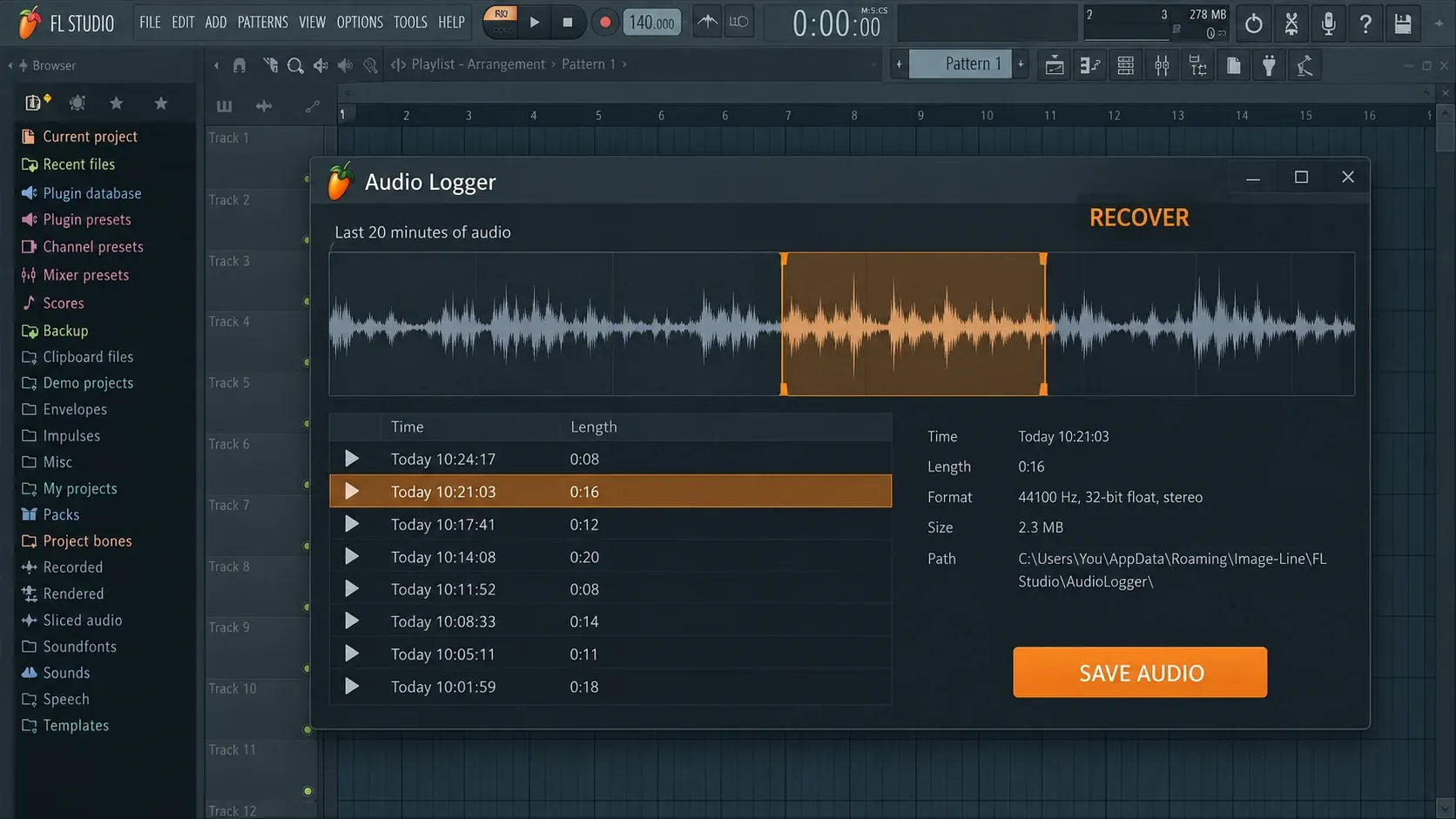 FL Studio Audio Logger recovery view with a selected recent audio passage
