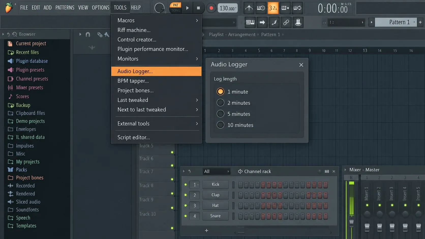 FL Studio Tools menu with Audio Logger and buffer length choices