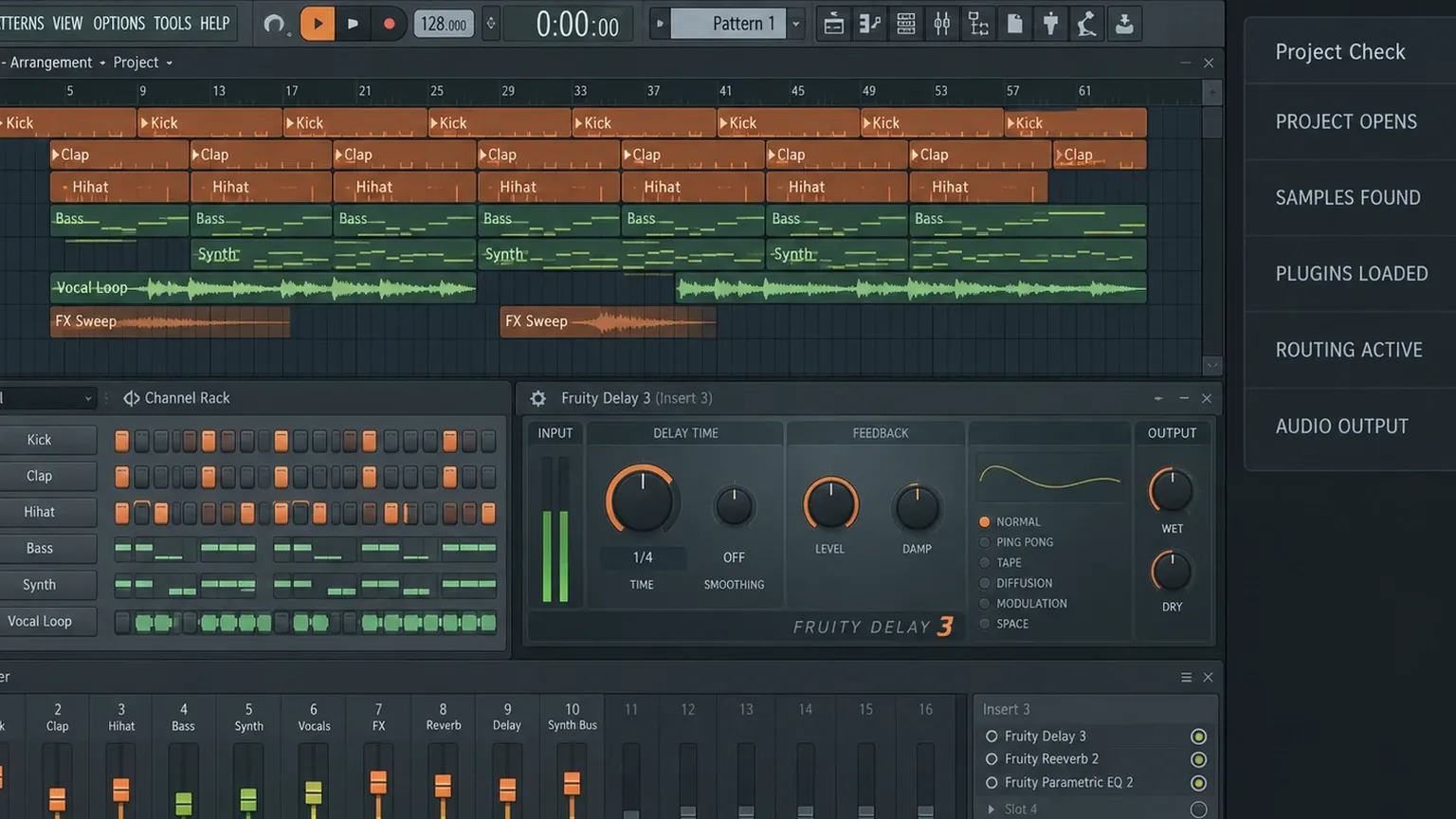 FL Studio control project check across the Playlist Channel Rack Mixer plugins and audio output