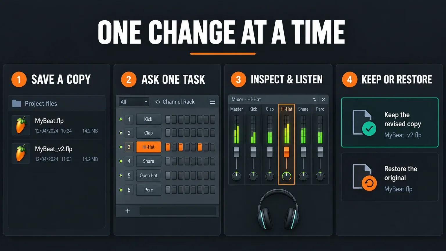 Safe FL Studio Gopher workflow for saving a copy asking one task inspecting and restoring