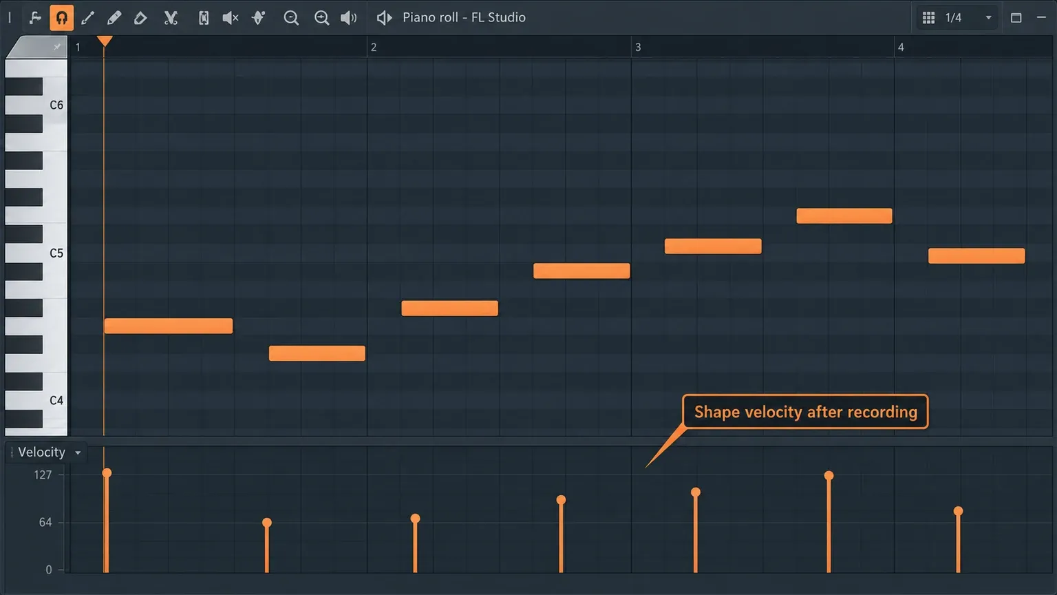 FL Studio Piano Roll velocity lane editing notes entered from a computer keyboard