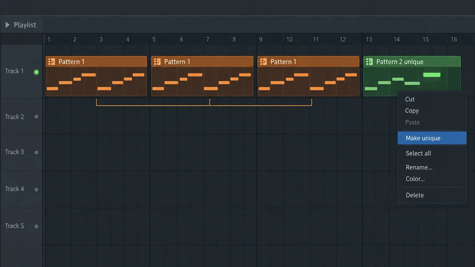 FL Studio linked Pattern Clips compared with one independent unique variation
