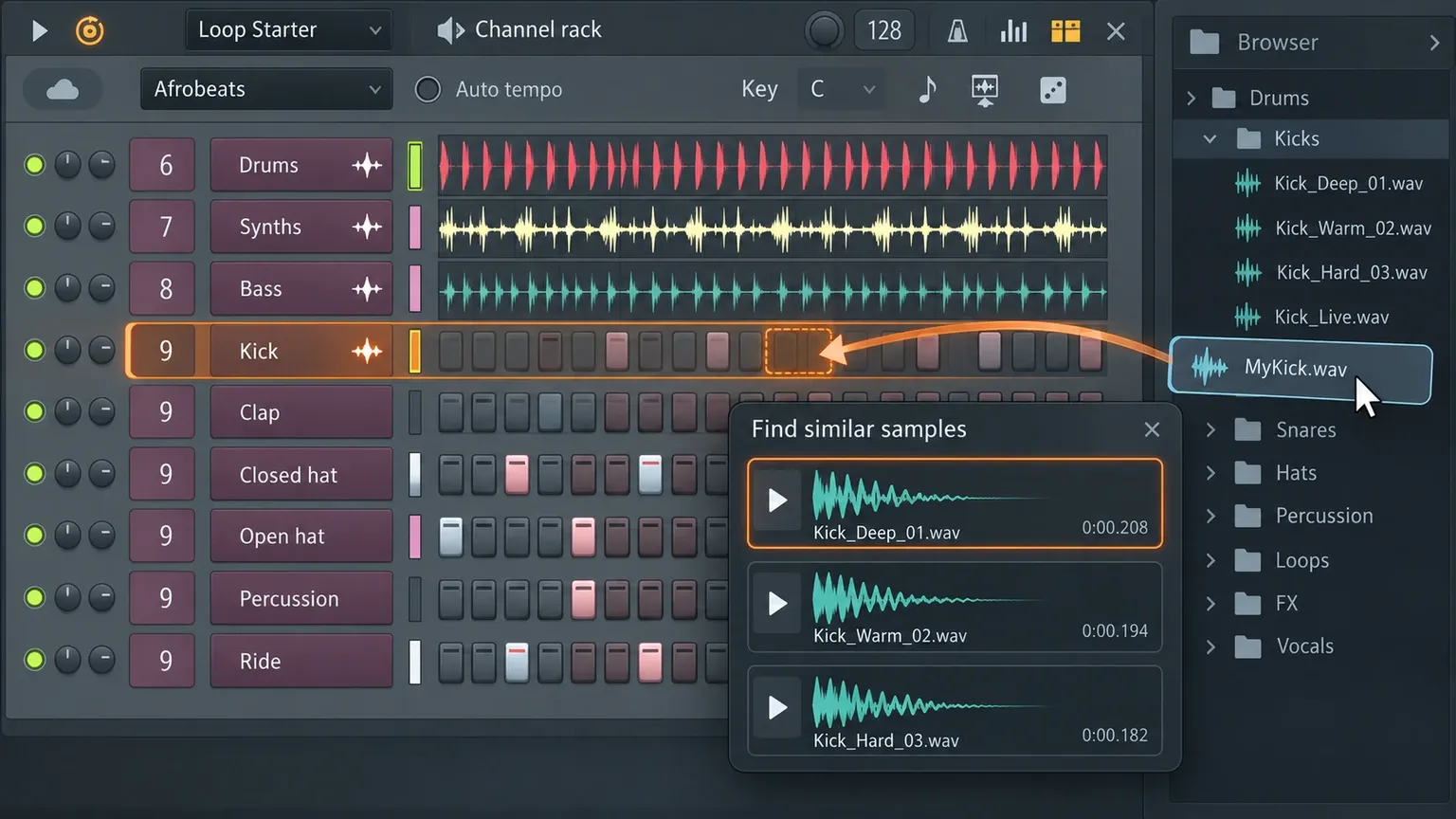 Find similar samples panel and a user sample replacing one Loop Starter lane