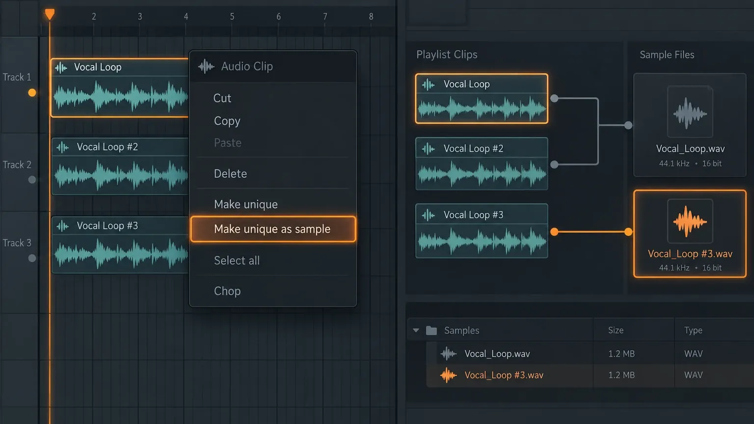 FL Studio Audio Clip menu with Make unique as sample for a separate sample file
