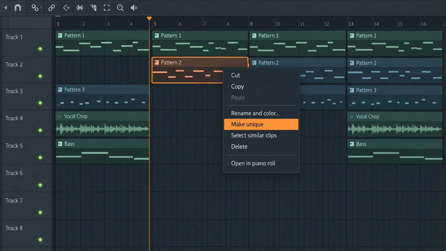 FL Studio Playlist clip menu with Make unique selected