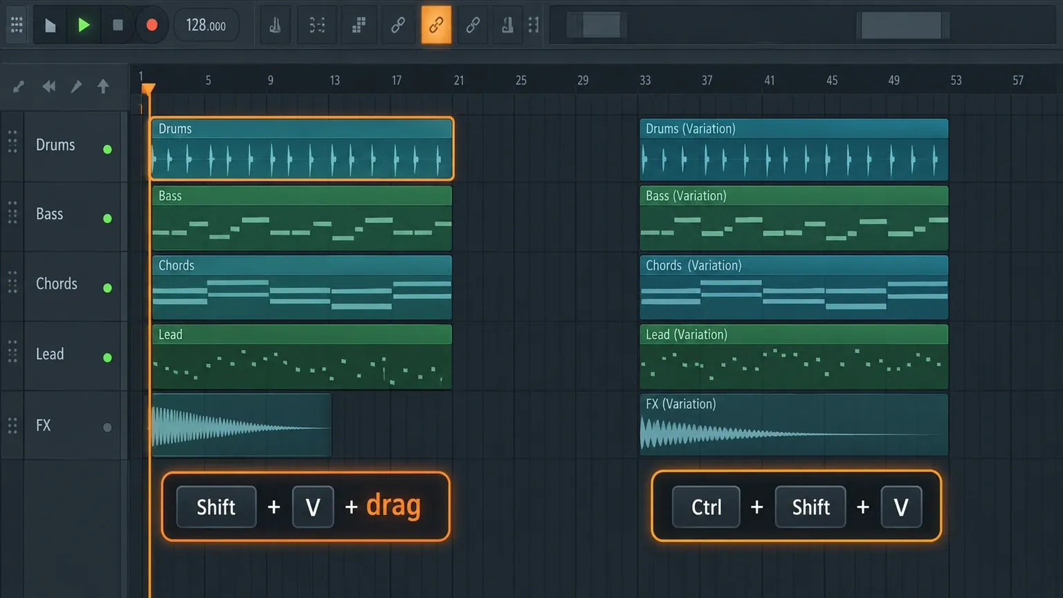 FL Studio Playlist clips with shortcut labels for creating unique variations