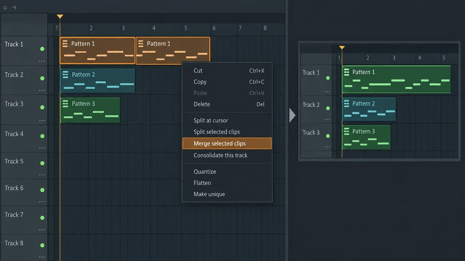 FL Studio Playlist Edit menu with Merge selected clips for combining Pattern Clips