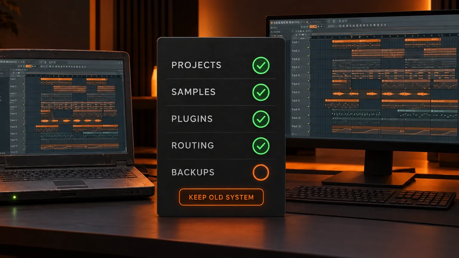FL Studio migration checklist showing projects samples plugins routing and backups passed